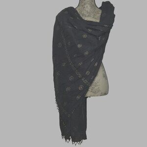 Black Gold Embroidered Boho Shawl Wrap Scarf Beaded Tassel Edge Oversized Gift